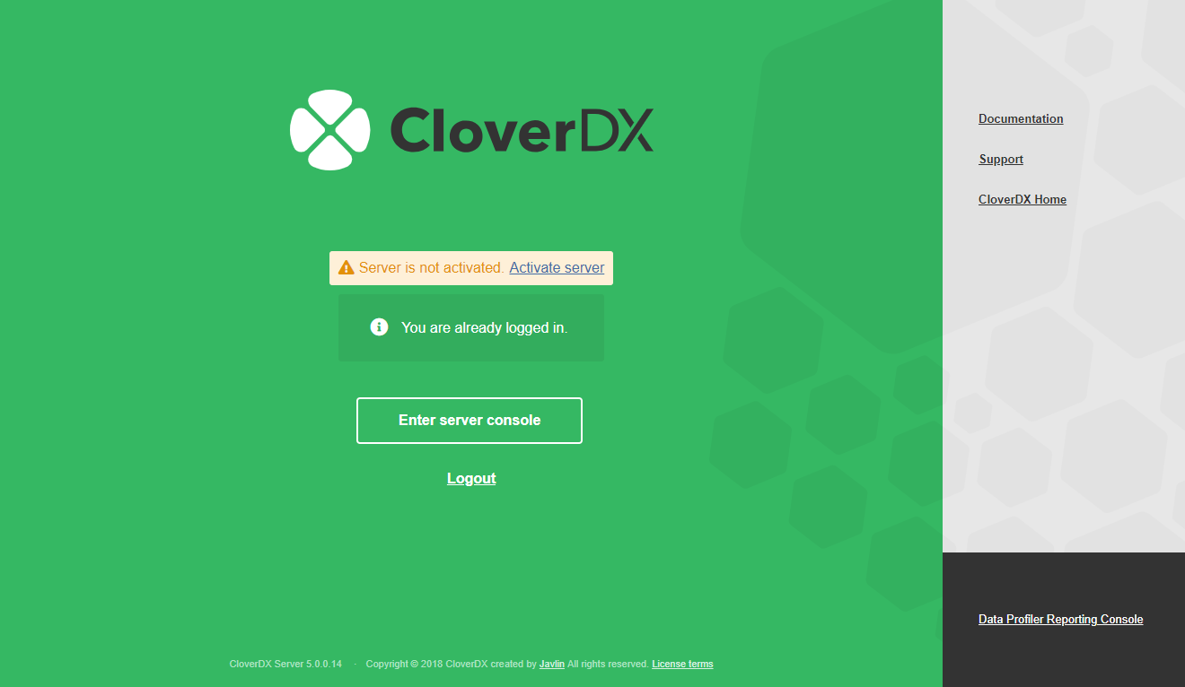 Login page of CloverDX Server without license