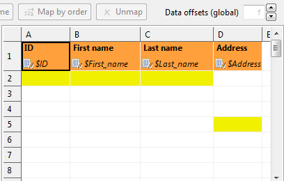 Global data offsets is set to 1. In the last column, it is locally changed to 4. In the output file, the initial rows of this column would be blank, data would start at D5.