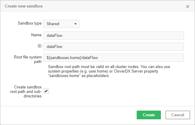 Dialog form for creating a new shared sandbox