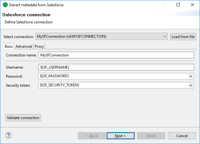 Extract metadata from Salesforce - specify connection