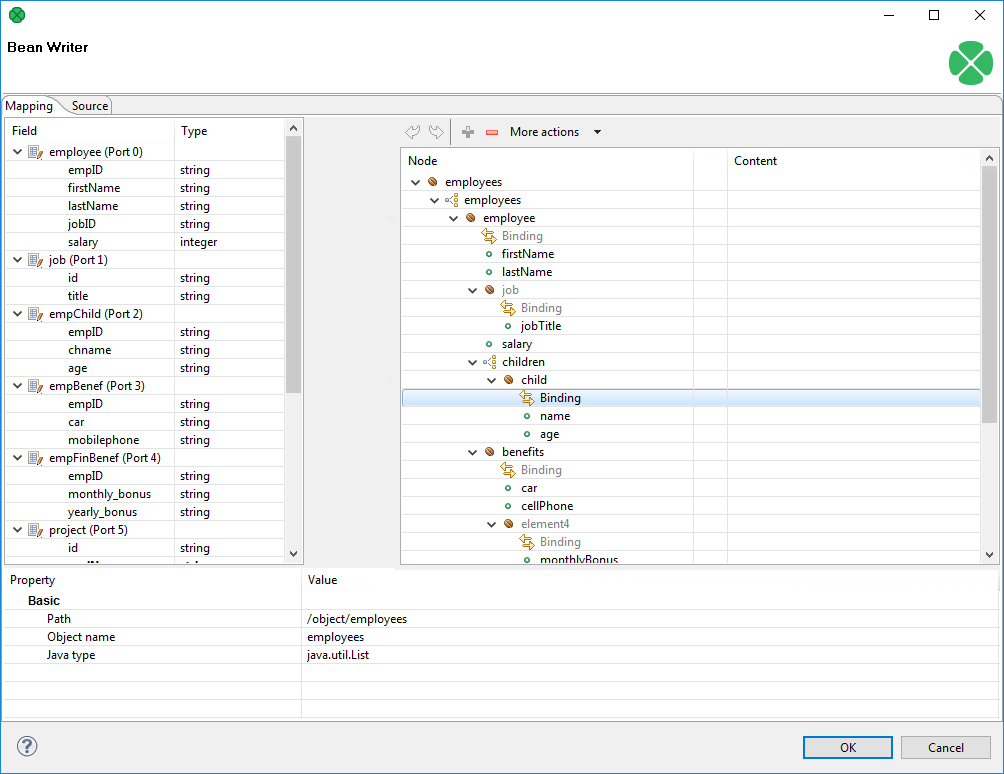 Mapping editor in JavaBeanWriter after first open.