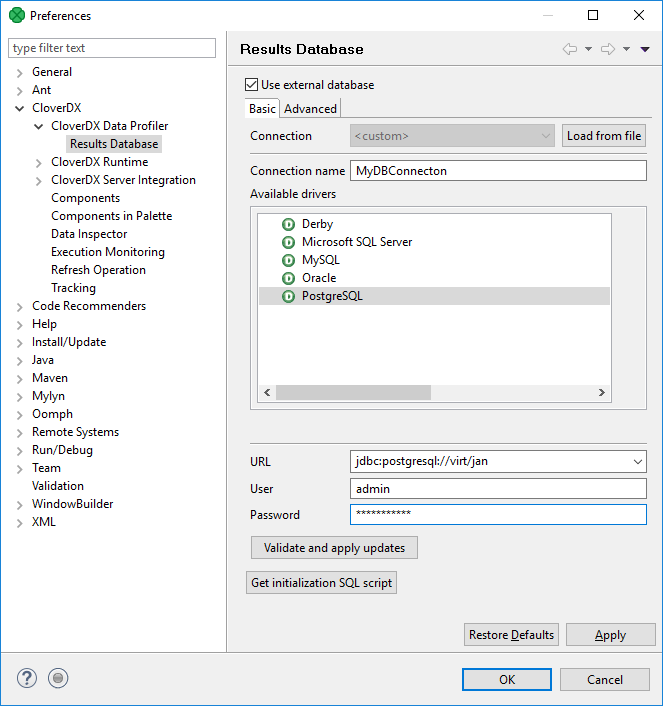 Results database settings