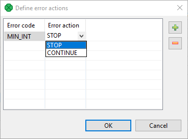 Define Error Actions Dialog