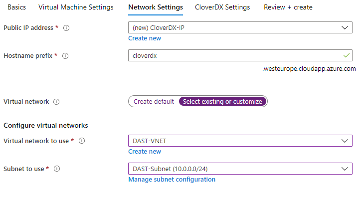 Azure - selecting an existing virtual network