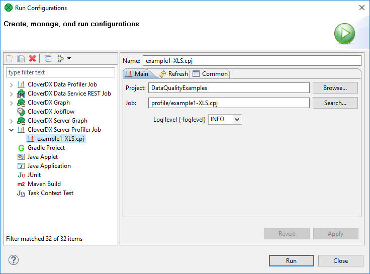 Run configurations window