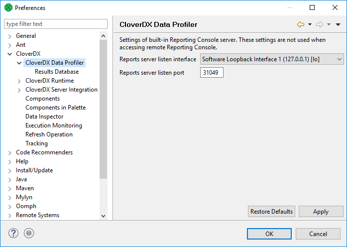 CloverDX Data Profiler preferences screen