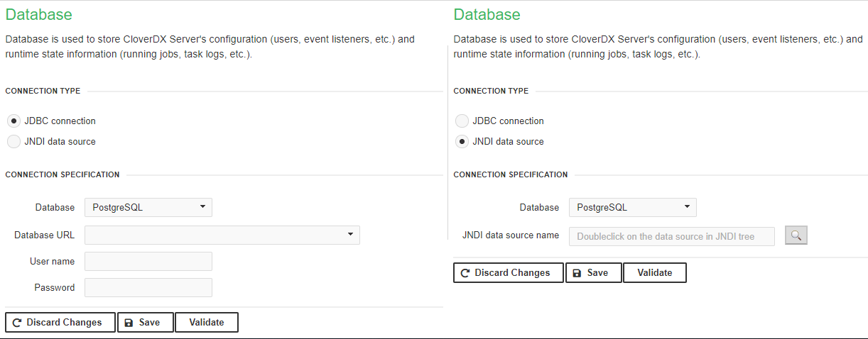Database connection configuration for JDBC (left) and JNDI (right)
