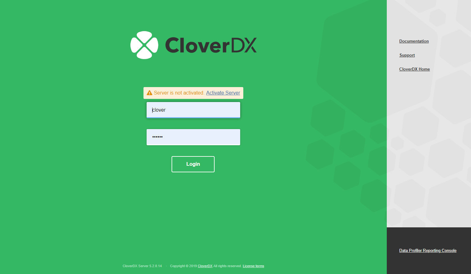 Login page of CloverDX Server without license
