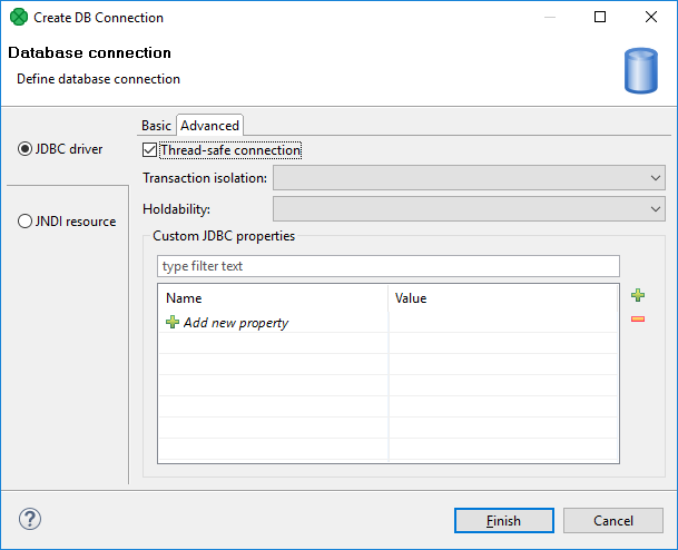 Advanced tab of the Database connection dialog