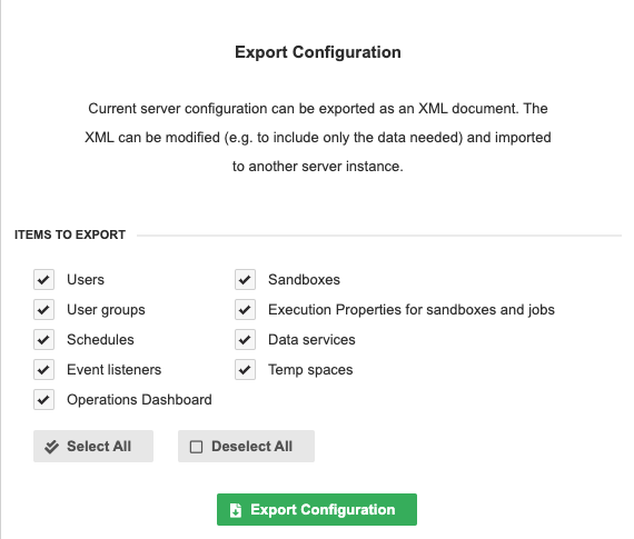 Server Configuration Export screen
