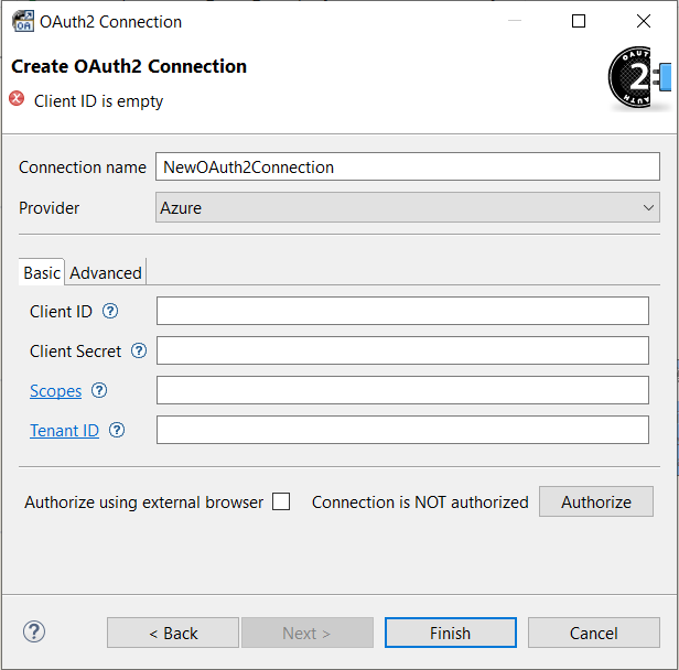 OAuth2 connection dialog - Basic tab