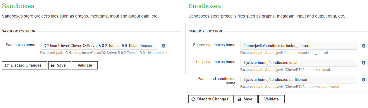 Sandbox path configuration with Clustering disabled (left) and enabled (right)