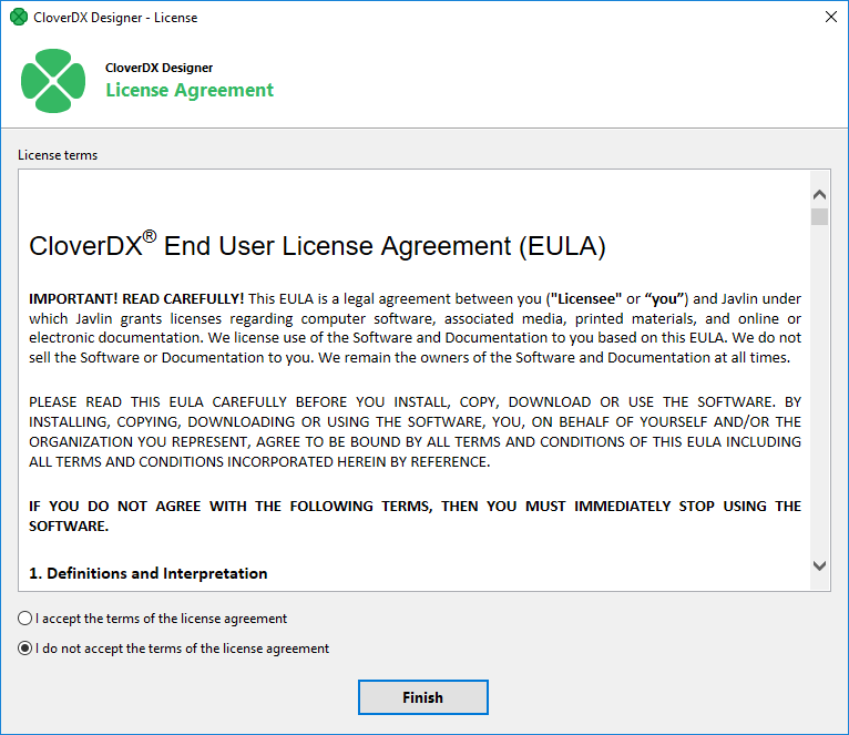 Confirm you accept the license agreement and click Finish button.