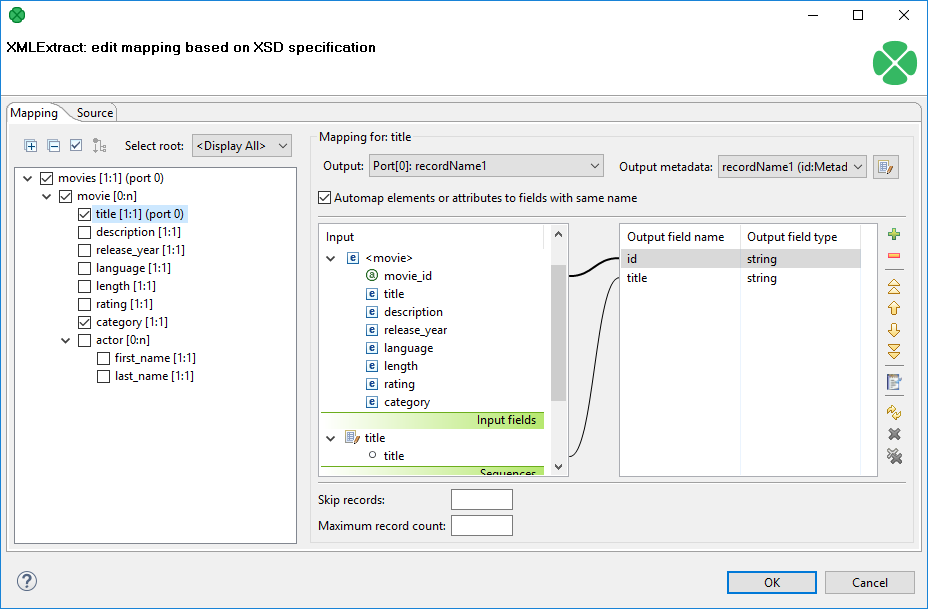 The Mapping Dialog for XMLExtract