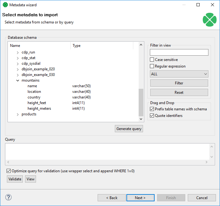 Selecting Columns for Metadata