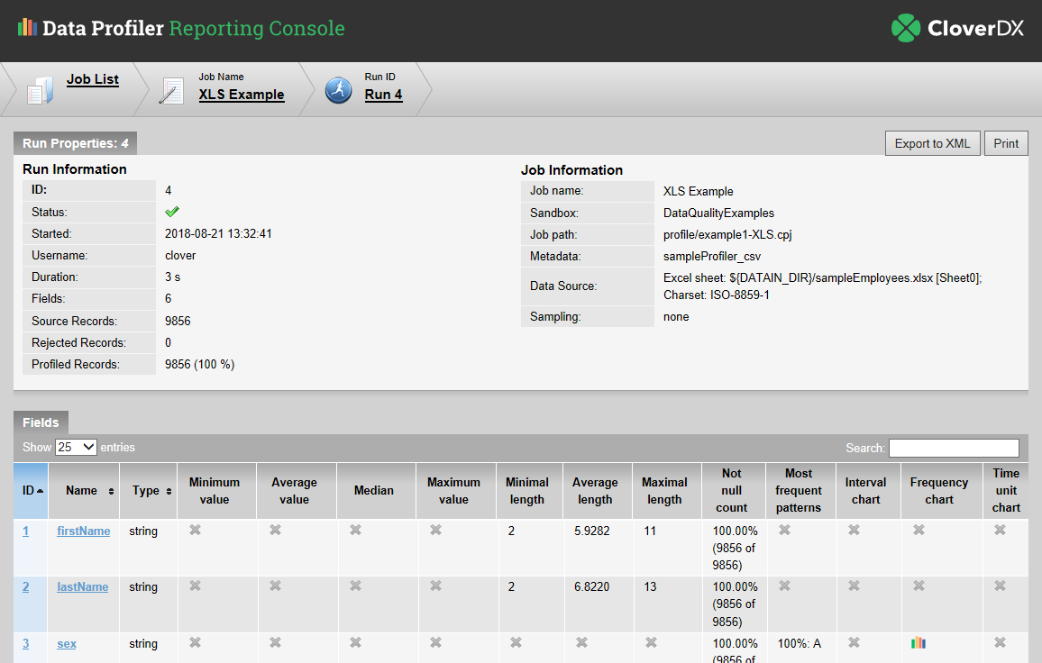 CloverDX Data Profiler - viewing job results