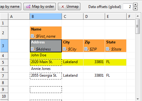 With Rows per record set to 2 in leading cells Name and Address, the component always writes one data row, skips one and then writes again. This way, various data does not get mixed (overwritten by the other one). For a successful output, make sure Data offsets is set to 2.