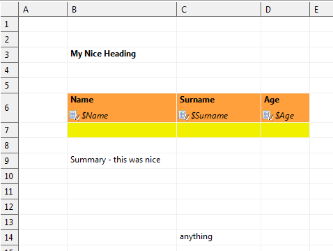 Writing into a template. Its original content will not be affected, your data will be written into Name, Surname and Age fields.