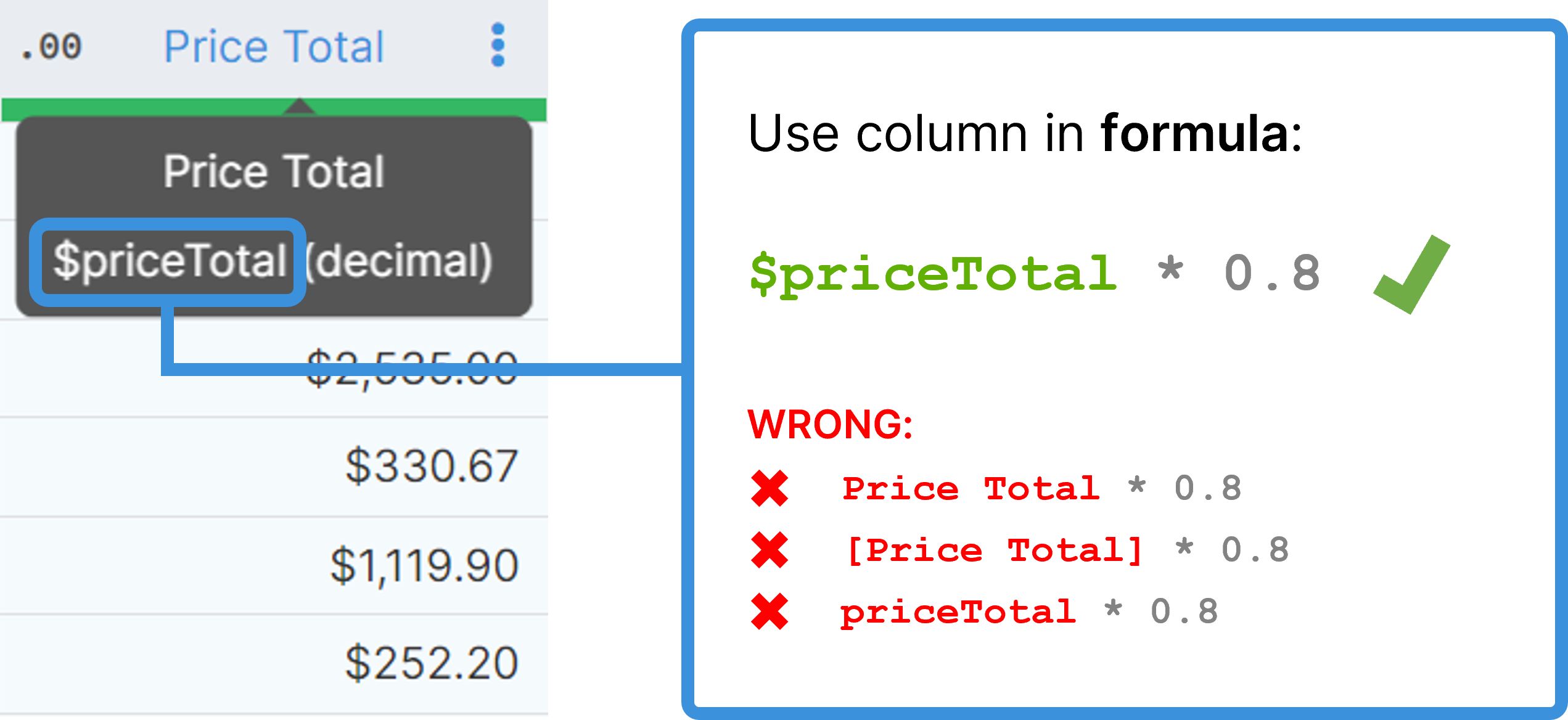 column names formulas