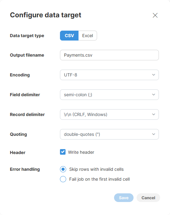 csv data target configuration