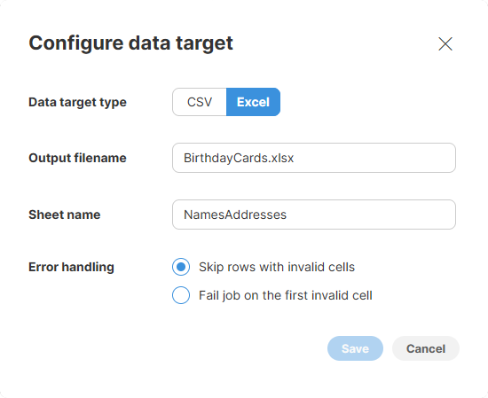 excel data target configuration