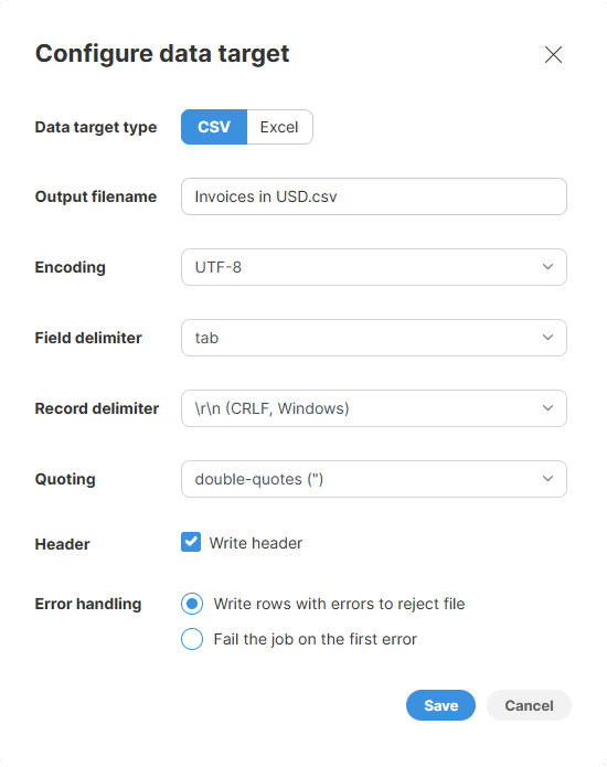 csv data target configuration