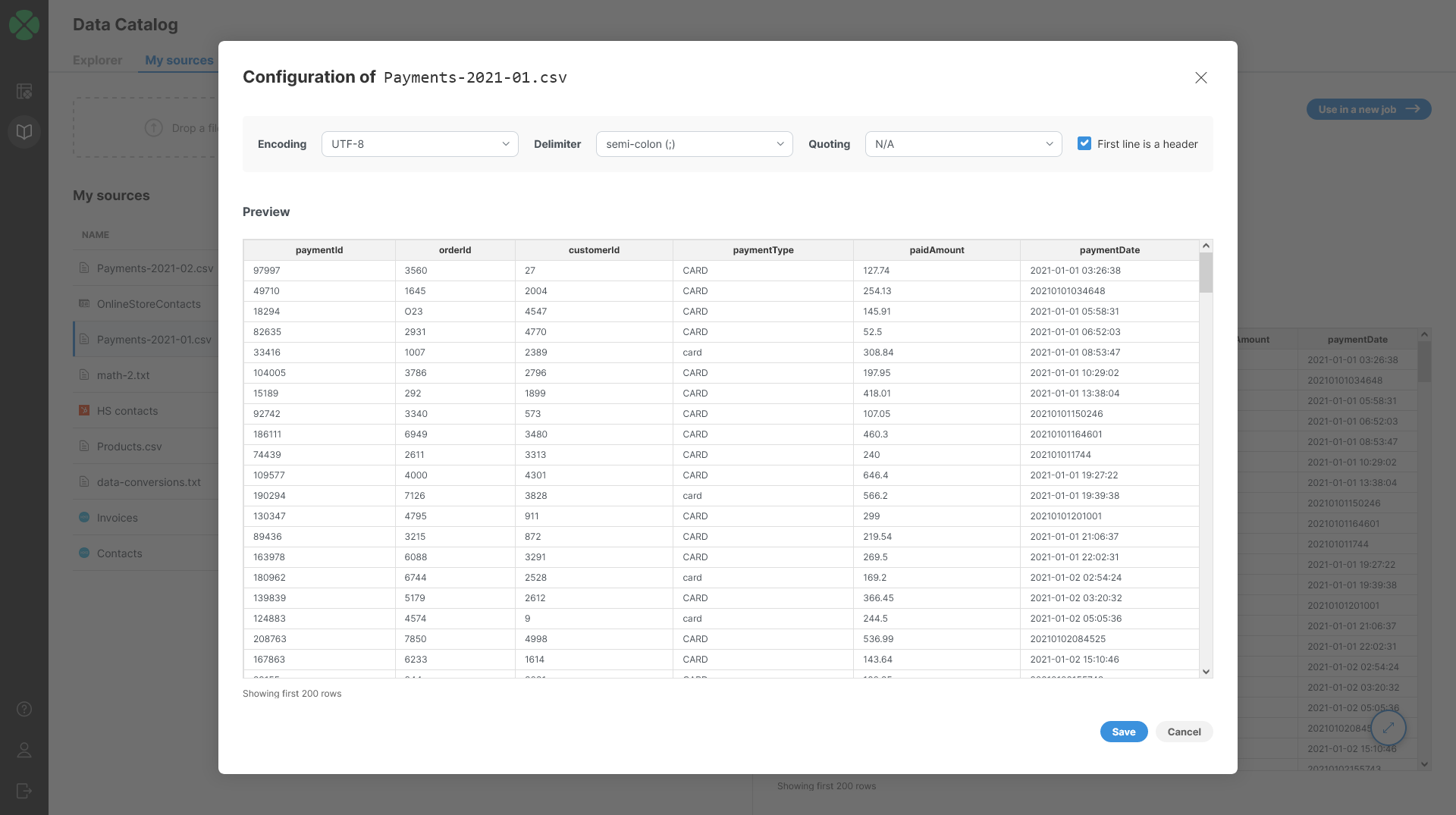 my sources csv file edit settings