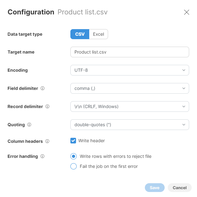 csv data target configuration