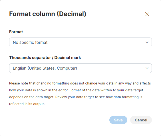 format dialog decimal column