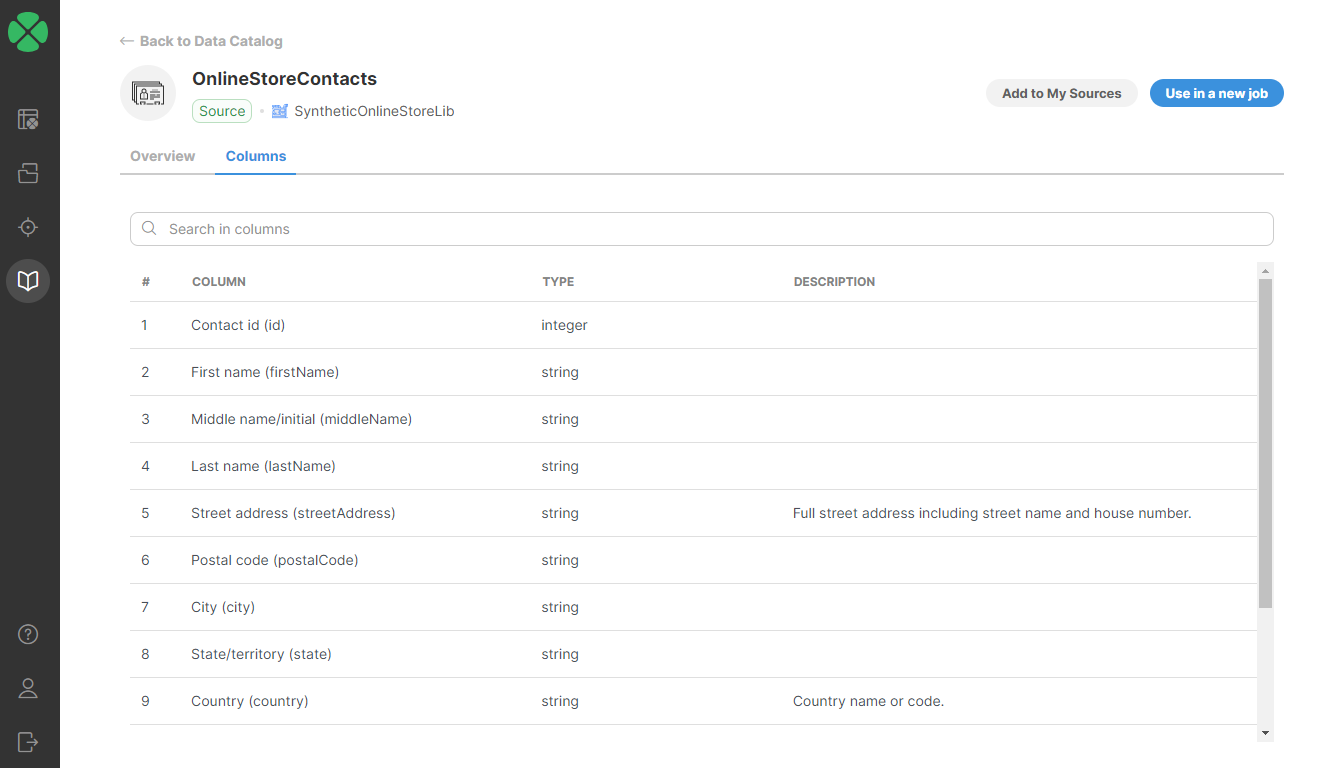 data catalog connector detail columns