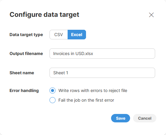 excel data target configuration