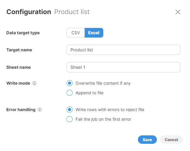 excel data target configuration