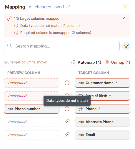 target mapping data types error