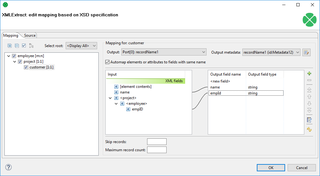 XMLExtract mapping dialog parent