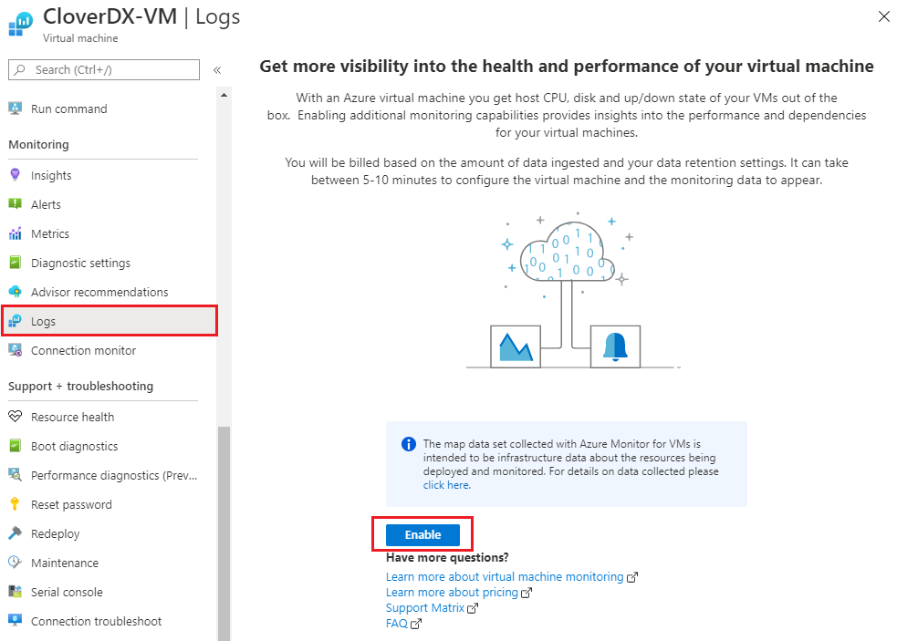 marketplace azure enable logs