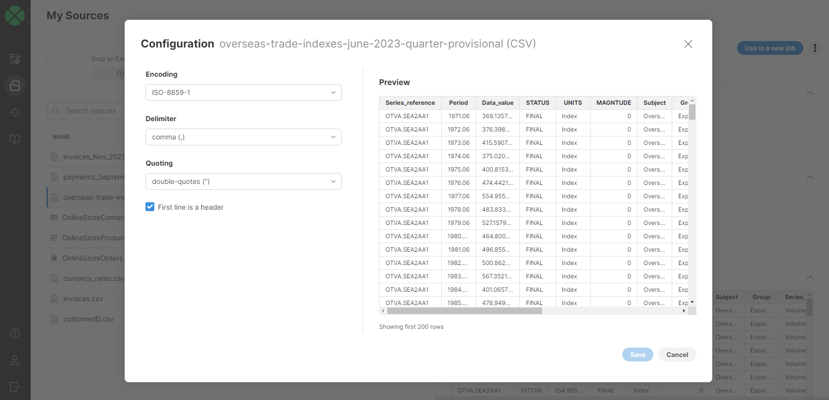 my sources csv file edit settings