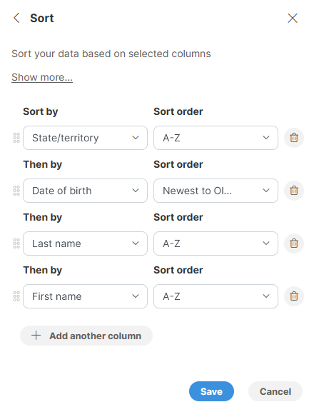 sort multiple columns settings