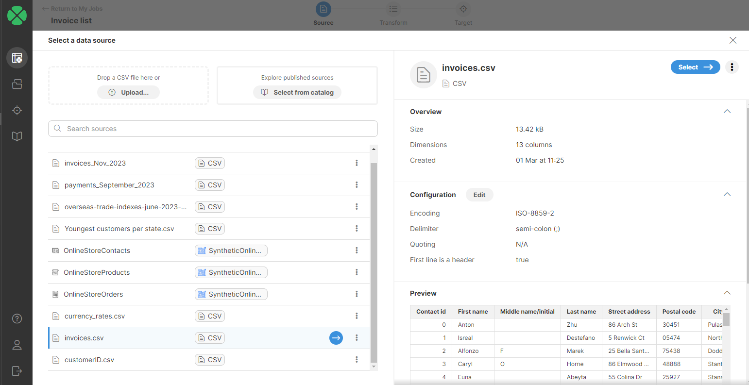 create job selecting data source