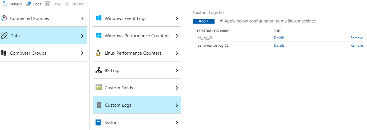 marketplace azure two custom logs