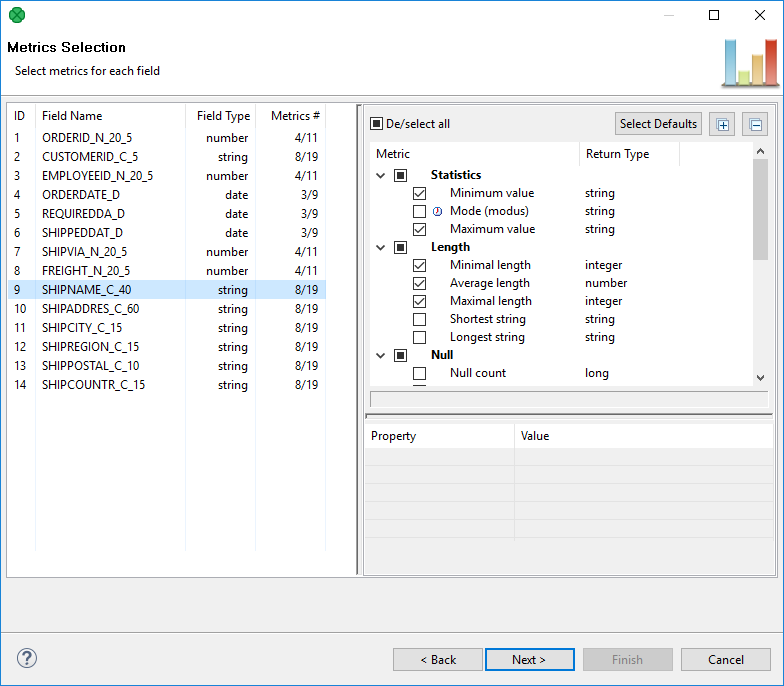 DataProfiler metricsSelection