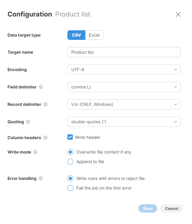 csv data target configuration