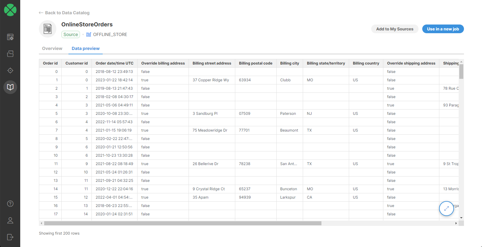 data catalog connector detail data preview