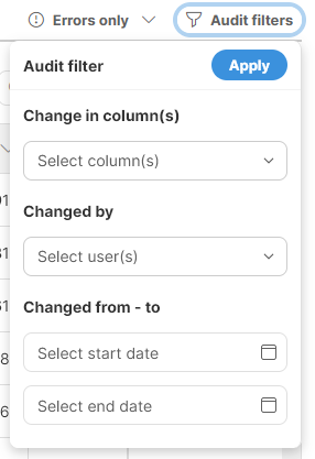 data editor toolbar audit filters settings