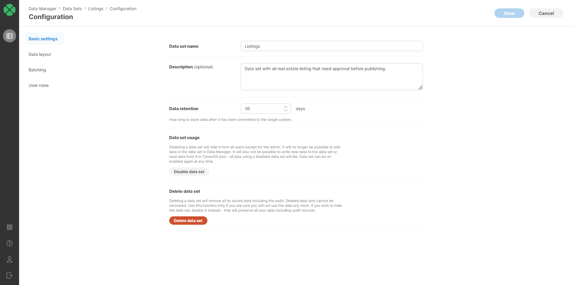 data manager edit data set basic settings