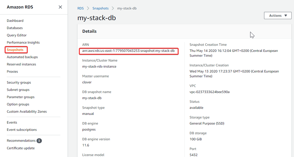 marketplace aws upgrade rds snapshot arn