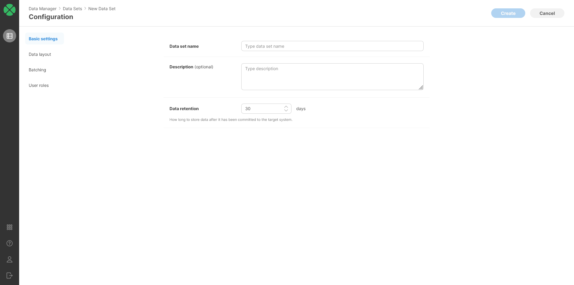 data manager create data set basic settings