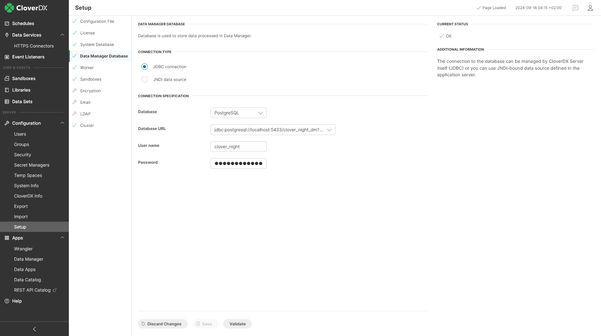 data manager database settings