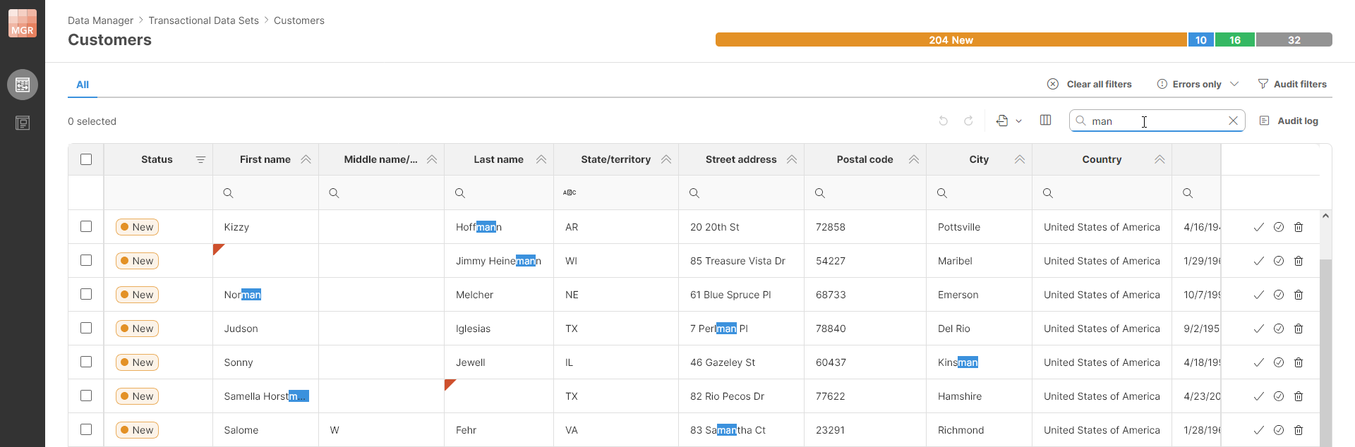 data editor filter global search