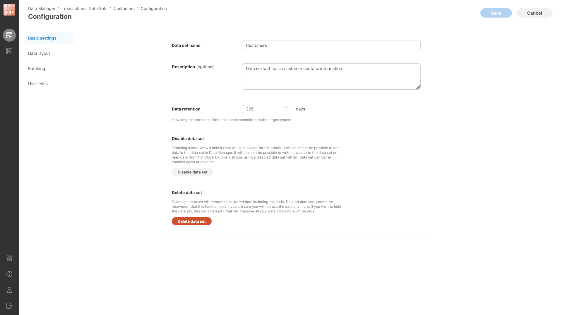 data manager edit transactional data set basic settings