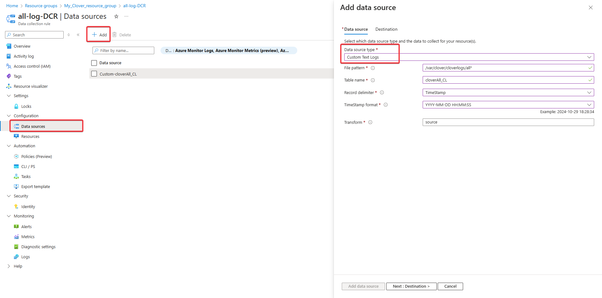marketplace azure DCR add data source